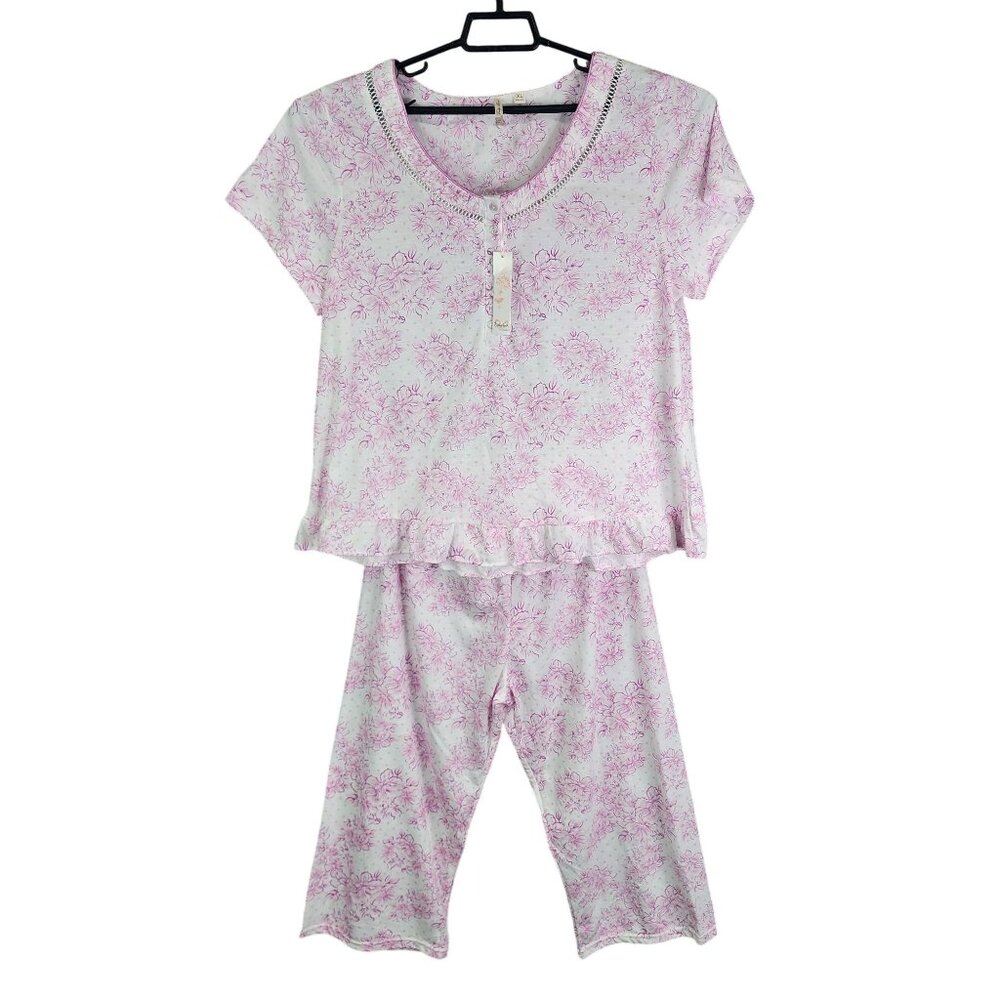 Womens Body Touch Pink White Floral Pajama Set Top & Bottom Size XL